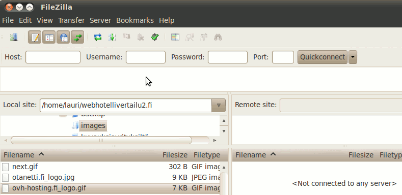 FileZilla FTP-ohjelma on kätevä työkalu tiedostojen siirtämiseen webhotellin palvelimelle nettisivuja varten. Kuvassa auki webhotelli-vertailu kansio. Palvelimen osoite-, käyttäjätunnus- ja salasana -kenttä ovat tyhjiä.