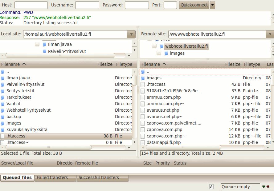 FileZilla FTP-ohjelma on kirjautunut webhotelli-vertailun nettisivun webhotelliin.
